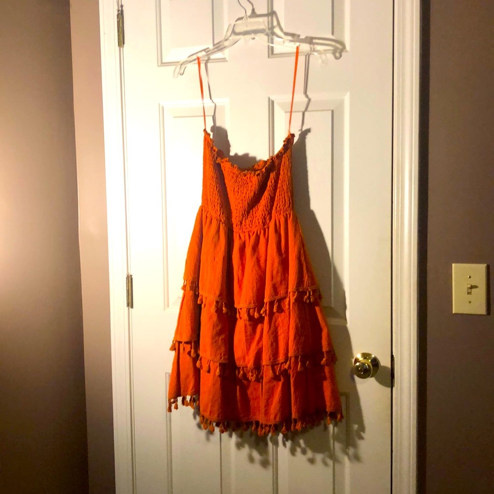 Deep coral strapless dress